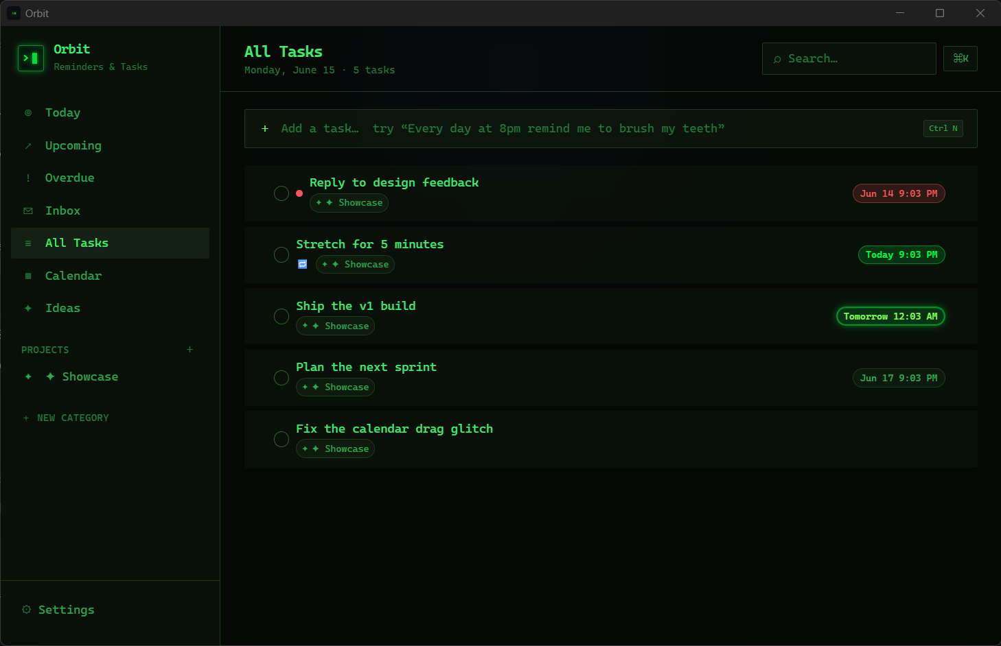 Orbit with the Hacker Green theme